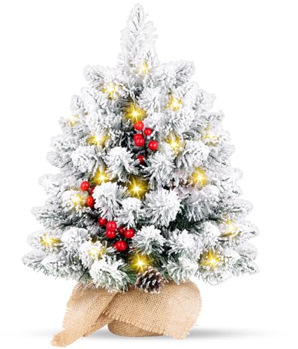 Arbol de Navidad Pequeño 50CM, Mini Artificial Arbol de Navidad con Luces Incorporadas, Árvore de Natal Nevado con 20 Luces LED y Base de Arpillera, Decoración Navideña de Mesa para Casa,Oficina,Verde