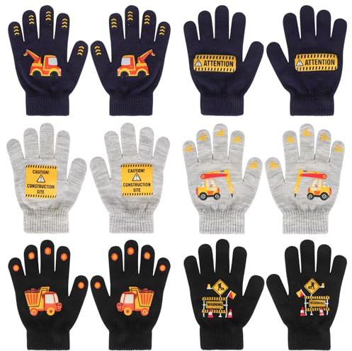 QKURT 6 Pairs Kid’s Magic Gloves, Unisex Stretch Mitten Children's Warm Knit Gloves Winter Thermal Glove Full Fingers Glove Cold Weather Mittens Excavator Slogan Pattern for Boys Girls 4-12 Years
