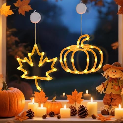 Herbstdeko Licht mit Saugnapf, Halloween Deko Fenster LED Licht, IP55 Wasserdicht Halloweendeko LED, Leuchtende Fensterdeko Batteriebetriebene, Hängende Deko Herbst Innen Draußen Kürbis (2 Stück)
