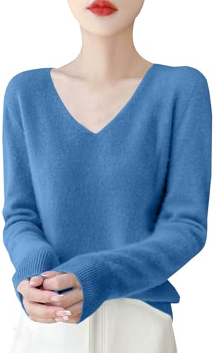 TEPTDirio Cashmere Jumpers Ladies Long Sleeve V Neck Autumn Sweaters Women Fashionable Plus Size Wool Jumpers Solid Color Knitted Base Sweaters Autumn Winter Casual Womens Clothes UK SkyBlue