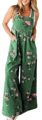 Fronage Womens Floral Denim Bib Overalls Adjustable Straps Rompers Casual High Waist Wide Leg Denim Dungarees with Pockets
