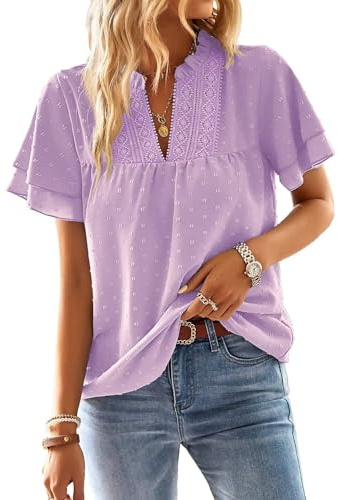 TUUHAW Camisetas Manga Corta Mujer Cuello en V Blusa Morado Claro M