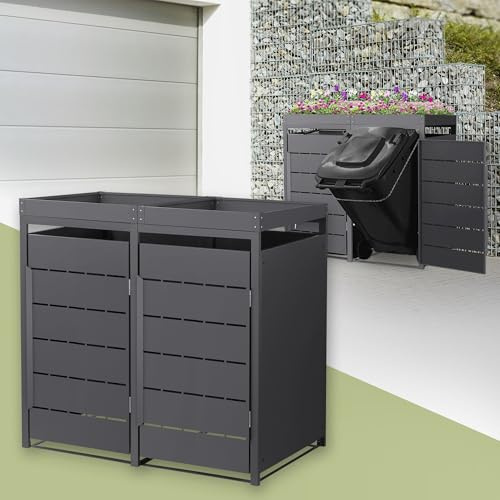 ML-Design Abri Cache pour 2 Poubelles 132x80x124 cm, Capacité 240L, Anthracite en Acier, Toit pour Plantes et Fleurs, Porte Clôture, Habillage Conteneur, Protection Visuelle, Résistant aux Intempéries