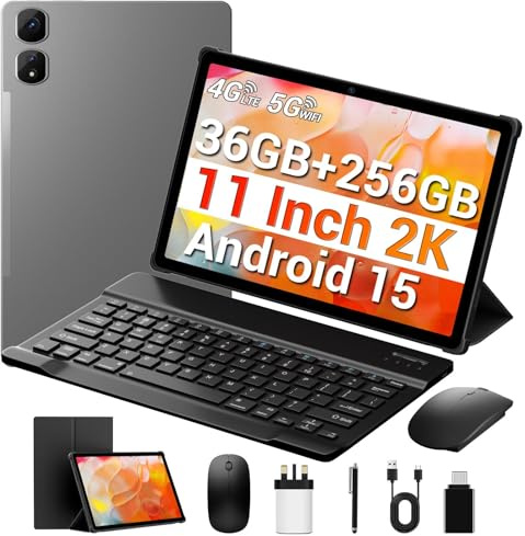 11 Inch Touch Tablet, 2K IPS Screen, 36GB RAM+256GB/1TB Expandable, Dual SIM 4G LTE + 5G WiFi, Octa-Core, Gemini AI, 9580mAh, 13MP, GPS, OTG, Android 15 Tablets Keyboard/Mouse/Stylus/Case Included