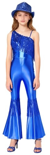 Jugaoge Flicka smal passform jumpsuit ärmlös lack läder overall stretch koppel med hatt disco hippie body med långa byxor Bell Bottom byxor, Kungsblå, 134-140