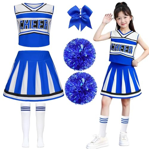 Hamanasu Cheerleader Kostüm Kinder Cheerleader-Kostüm Mädchen Uniform mit Pompons und Socken Halloween Karneval Maskenball Mottoparty