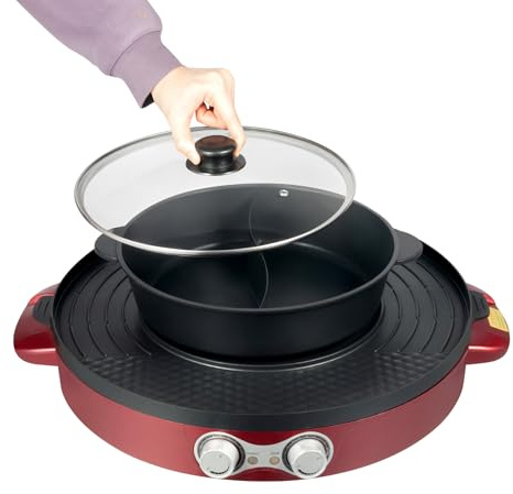 2 200 W elektrisk hot pot, 2 i 1 hotpot och raclette-grill med avtagbar kokplatta, oberoende temperaturreglering, multifunktionell elektrisk grill, lätt att rengöra