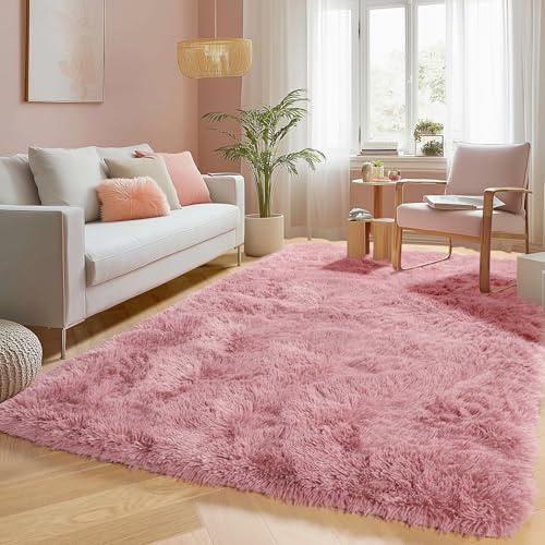 PAGISOFE Shaggy Fluffy Area Rugs Carpets for Girls Room Baby Nursery Teens Rooms 4x6 Feet Pink Plush Fuzzy Shag Rugs for Kids Bedroom Home Decor Aesthetic Coral Furry Rug, Blush