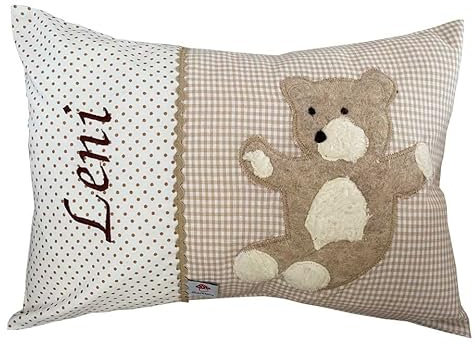 Glückspilz Namenskissen personalisiert, Babykissen mit Namen Bestickt, Teddybär, Beige, 30 x 45 cm
