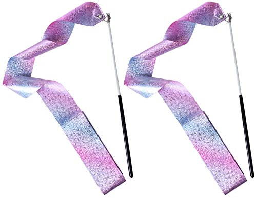 NATUCE 2 Stück 2m Regenbogen Gymnastikband, Tanzband mit Stab, Turnband Wirbelband Schwungband Rhythmische Gymnastik Band Tanzen Stremer für Mädchen Kinder Kunsttänze, Training, Zirkus