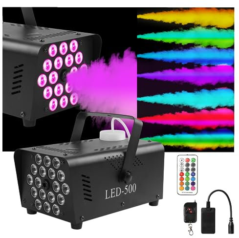 Machines a Fumee avec 18 LED Lumières Colorées, 500W Machine à Fumée Pulvérisation Automatique DJ Mini Télécommande Sans Fil pour Fête, Halloween, Noël, Mariage, Anniversaire