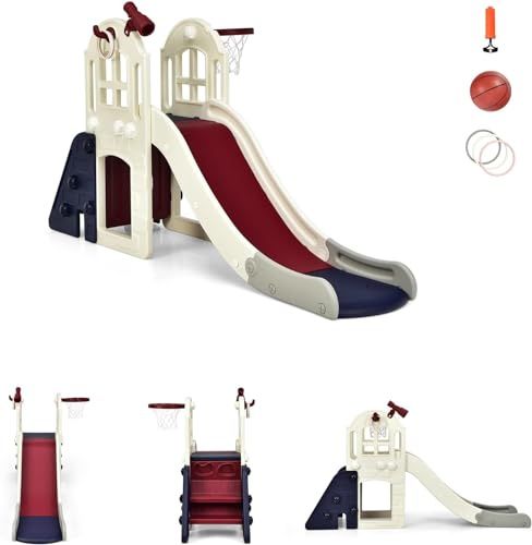 RELAX4LIFE 6 en 1 Tobogán Infantil con Escalador, Canasta de Baloncesto, Lanzamiento del Anillo, Túnel y Telescópico Decorativo, Toboganes Infantiles Exterior de HDPE para Niños 3-8 Años (Azul+Beige)