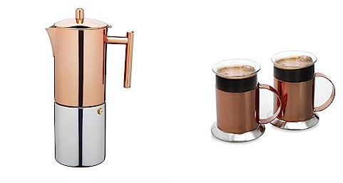 Bundle aus La Cafetière Kupfer Espressomaschine, Edelstahl, 600ml + La Cafetière Glas 200ml Glastassen mit polierter Kupferoberfläche, 2er Set