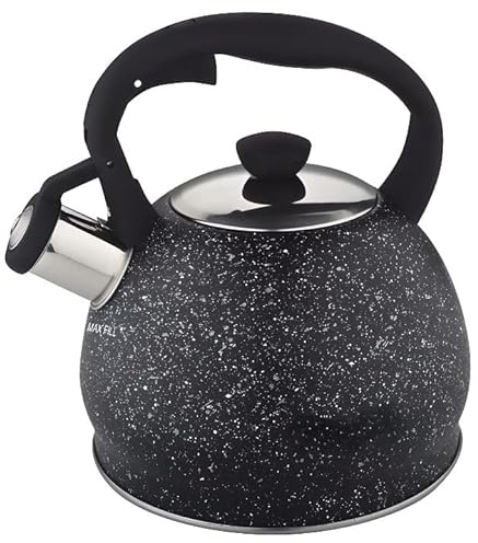 Luckyberg Moderne Wasserkessel Induktion Pfeifkessel aus Edelstahl, Kleiner Teekessel für alle Kochplatten, Flötenkessel, Wasserkocher für Tee Kaffee, ca 2 L, (schwarz Marmor)