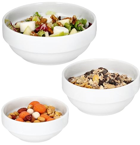 MamboCat Tommy 3tlg Schalen Set I 11,3cm, 14,2cm & 17,5cm I 190ml, 360ml & 670ml I weiße stapelbare Porzellan-Schüsseln I Schälchen für Salat, Suppe, Müsli, Dessert, Beilagen & Co.