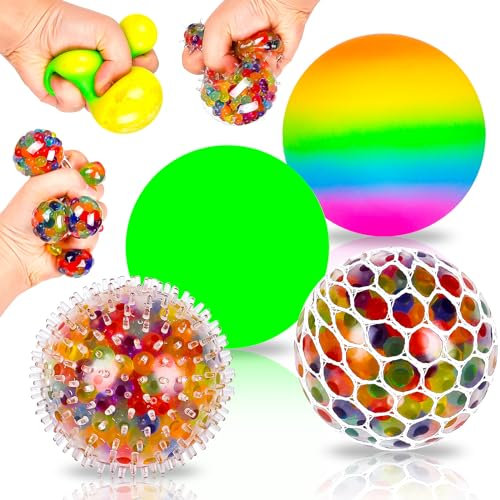 4 Stück Stressball, Mesh Stressbälle mit Wasse Perlen, Squishy Quetschball Squeeze Bälle, Anti Stress Squeeze Traubenbälle