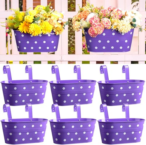 Hushee Lot de 9 pots de fleurs à suspendre en fer pour plantes d'extérieur, balcon, balustrade, herbes aromatiques, décoration de porche, clôture (violet)
