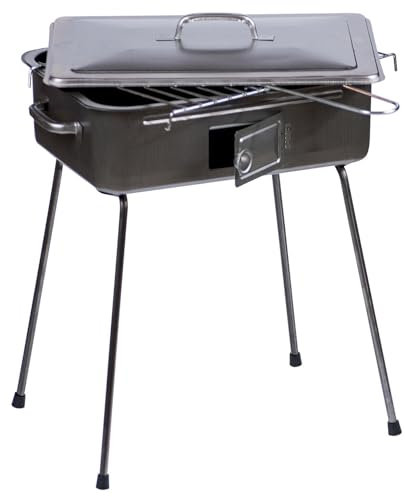 Barbecue a carbonella Fornacetta in Lamiera Rettangolare 27x37cm per Gigliata Piedi richiudibili con Griglia e Coperchio Sportello per rimozione cenere