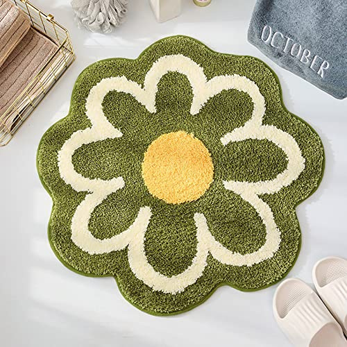 Badezimmerteppich mit Niedlichen Blumen, 60 Cm, Kleiner Runder Teppich, Weiche, Saugfähige Matte, Rutschfeste, Waschbare Fußmatte für Badewanne, Schlafzimmer, Böden, Kinderzimmer, Eingang(Grün)
