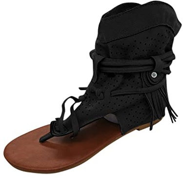 LZPCarra Pantofole da donna con separatore per dita dei piedi, con plateau – Sandali da donna, stile retrò, infradito estive, infradito piatte con frange, sandali romani, Nero , 42 EU