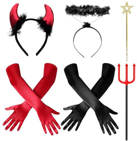 Giugio Halloween Angelo Diavolo Dress Up, Costume da diavolo, Angelo Aureola Corna Diavolo Bacchetta Magica a Stella Diavolo Forchetta Guanti, per Halloween Carnevale Mascherina Cosplay Festa