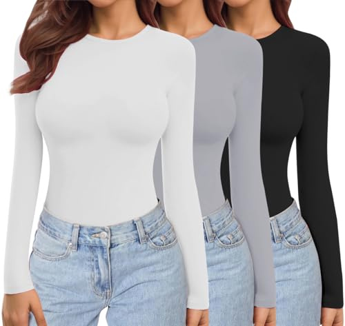 Ekouaer Damen Langarmshirt Thermo Oberteil 1&3 Pack | Rundhals, figurbetont, dehnbar, Basic, einfarbig, weicher Thermostoff mit Micro-Fleece, ausreichend lang zur Bauchabdeckung