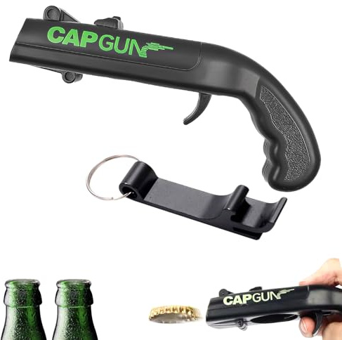 Beer Bottle Opener Cap Gun Launcher Shooter with Keyring, Funny Black Cap Opener for Shooting Game, Home Bar Party Christmas, Beer Gifts for Men