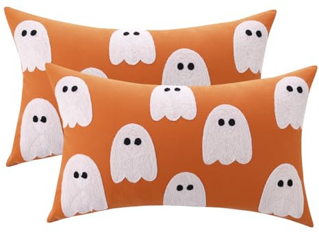 Tosleo Lot de 2 Housse de Coussin Halloween 30 x 50 cm Fantôme Orange Brodé Taies d'oreiller de Thanksgiving pour Canapé Salon Maison Extérieur Fête Décoration