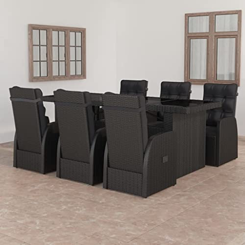 KATERYY 7-TLG. Garten-Essgruppe mit Auflagen Poly Rattan Schwarz,Exklusives GartenmöbelSet Verstellbare Sessel & Robuster Tisch mit Glasplatte