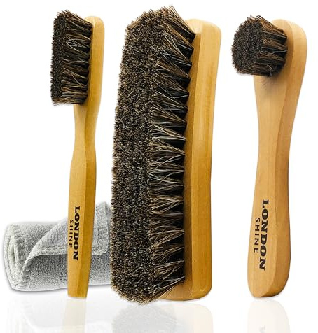 London Shine Horsehair Shoe Brush Kit 4 Piece | Shine Brush, Dauber Applicator, Suede Cleaner & Microfiber Cloth | Leather Shoes & Boots Care | Shoe Shine & Polish Kit for Men & Women