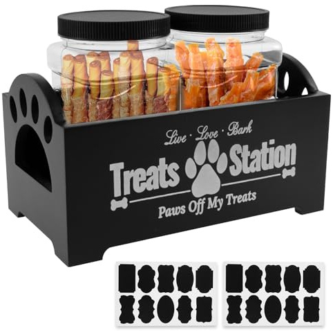 Sutowe Dog Treat Container with 2 Treat Jars Cute, Plastic Pet Food Jars with Wooden Holder & Stickers, Reusable Cat Cookie Container Cat Holder for Pet (black)