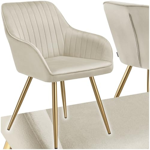 tectake® Sedie da Pranzo Effetto Velluto Trapuntato, Elegante, Imbottitura Schiuma Alta Densità, Gambe in Acciaio, Montaggio Semplice - Crema/Oro, 1 Sedia
