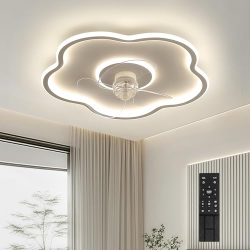 KRIPINC Silencioso Ventilador de Techo con Luz LED y Mando a Distancia en Forma de Flor, Lampara de Techo con Ventilador Regulable con 6 Velocidades de Viento y 3 Temperaturas de Color, Blanco
