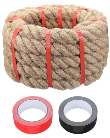 sourcing map Jute Rope 1.5 Inch x 20ft, Heavy Natural Thick Twine Rope with 2 Roll Tapes, Twisted Manila for Crafts Railing Docks Tug of War Swing Nautical Landscaping