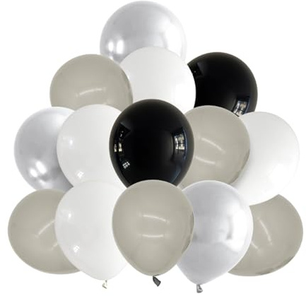 DazzJoy 20 Stück Luftballons Schwarz Weiß Silber Grau,Schwarze Ballons für Hochzeit,Schwarze Luftballons Rip 20s Deko, Helium Luftballon Silber,Weiße Luftballon Geburtstag