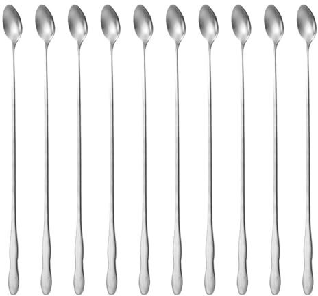 10-Piece Long Handle Bar Spoon Set 8-Inch 20cm - Reusable Stainless Steel Mixing Spoons for Coffee, Ice Cream, Cocktail, Milkshake & Cold Drinks - Mirror Polish Bartender Essential