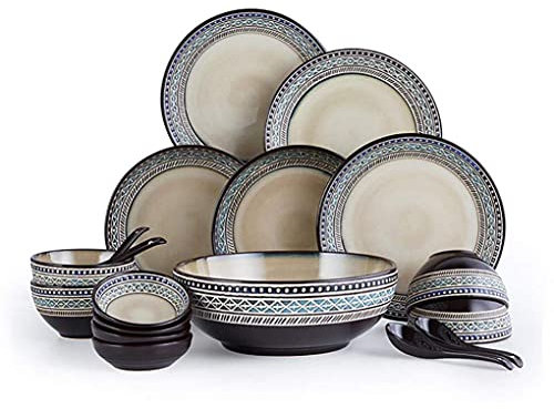 SGKOMN Service de Table, Service de Table en céramique de Style Ethnique Vintage de 18 pièces, 5 Assiettes, 4 Bols, 4 cuillères et 4 soucoupes