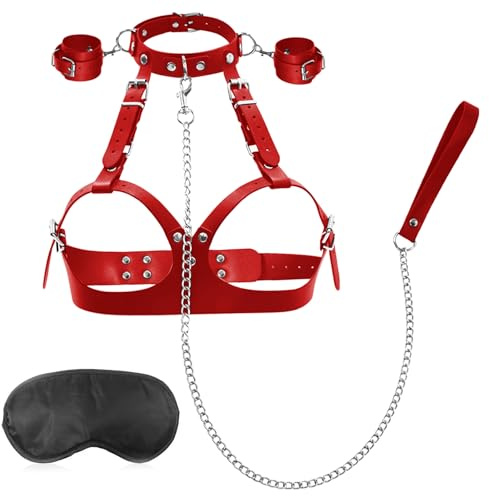 BDSMLOVE Sex Bondage Brustfesseln Set Sex Spielzeug BDSM Kit Fesselset für Paare Frauen Bettfesseln Extrem Sex Toys Sexy Geschirr Handschellen Augenbinde Halskragen Traktionskette (Rot)