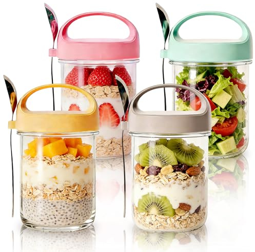 4 Pack Overnight Oats Jars, Overnight Oats Container with Lid and Spoon | 14oz Large Capacity Glass Jars with Screw lids,for Salads Cereal Milk Porridge Fruit