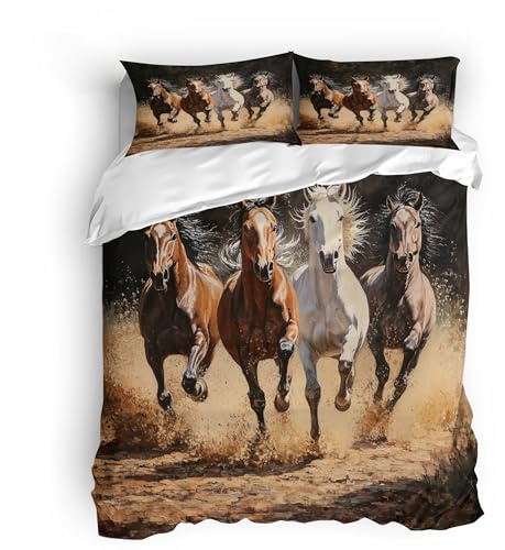 Single Running Horse Bedding Set Ultra-Soft Microfiber Duvet Cover Set 3Pcs - 135x200cm + 2 Pillowcases 50x75cm - Animal 3D Printed Design with Zip Closure & Corner Ties