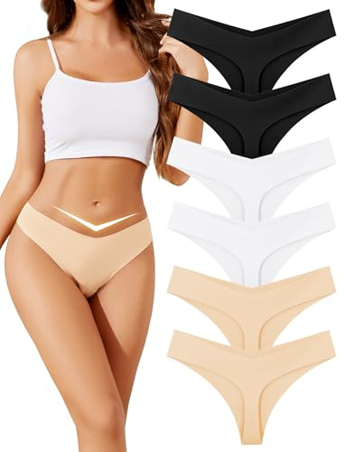 ANSUKOO Dam Nahtlös String Tanga Underkläder 6 Pack,V-Höft Seamless Underkläder,Osynliga Trosor För Kvinnor,Bekväma Sporttrosor,Gym Trosor,Mikrofiber Kvinnor No Show Tanga Underkläder