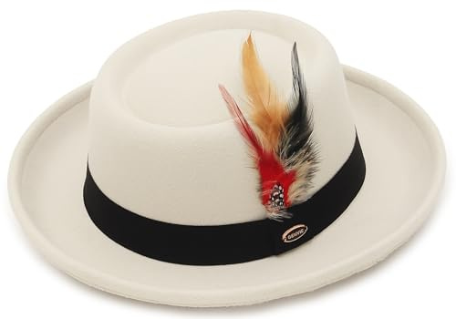 GEMVIE Pork Pie Hats for Men Womens Roll Brim Felt Fedora Pork Pie Hat with Feather Prokpie Hats for Unisex Beige