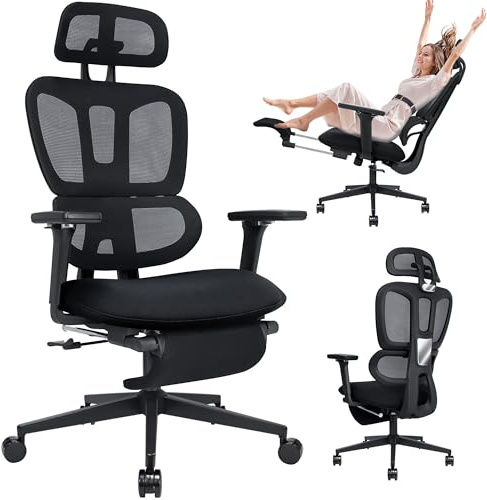 Bürostuhl Ergonomisch mit Fußstütze, Hochlehner Schreibtischstuhl mit Doppeltem Rücken, 2D-Kopflehne, Klappbare Armlehnen, Schwammsitz, Netzstuhl Chefsessel Computerstuhl für Erwachsene, Schwarz