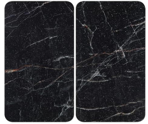 WENKO Herdabdeckplatte Universal Mod. Marmor Schwarz, höhenverstellbar für alle Herdarten, Schneidebrett und Spritzschutz, Glas, 30 x 52 cm, 2-teilig