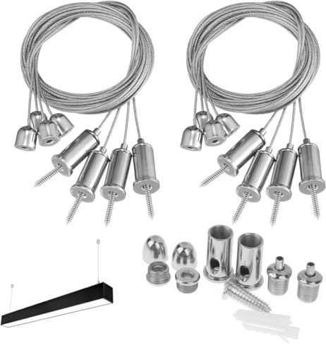 PetGlimmer 8 Piezas Kit Alambre Colgante de Acero Inoxidable, 1,5 MM X 1 M | Soporte Lampara Techo Cable Acero Plastificado,Kit de Suspensión para Paneles LED para Techo,Lámpara Colgante, Colgar Cuadros