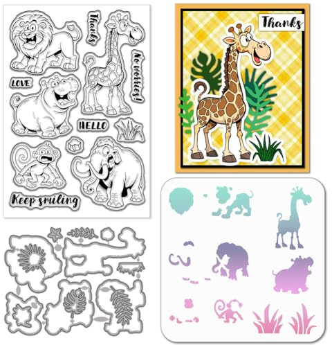 GLOBLELAND Cartoon Jungle Animals Clear Silicone Stamp Metal Lions Monkeys Cutting Die Cuts Giraffes Hippos Craft Stencils for Card Making Scrapbooking Craft DIY Embossing
