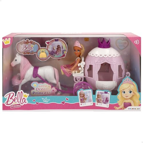 ColorBaby Bella Muñeca Princesa, 15 cm, Articulada, Carruaje con Caballo Blanco, Incluye Bolso y Corona, Diseño en Tonos Rosa y Morado, Juguetes para niñas 3 años, Juegos Princesas (39393)
