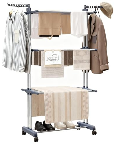 Ribech Asciugabiancheria a Torre con Rotelle | Stendibiancheria 4 Piani in Acciaio Inox con 6 Ali Piegevoli | 76x50x172 cm | Compatto per Balcone Bagno & Giardino | Grigio