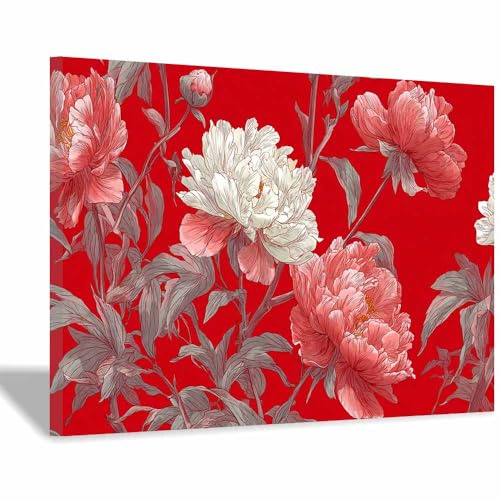 DunPei Quadro su Tela con Fiori Luminosi su Sfondo Scuro, Fiori di guarigione Punto Focale Drammatico per Studio, Lounge o Camera da Letto(rosso)-30x45cm Incorniciato
