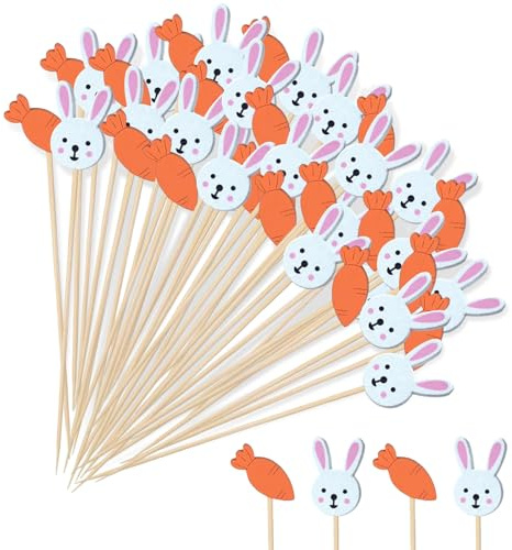 100 Piezas Palillos de Cóctel Pascua, Decoración para Cócteles, Brochetas de Madera, Palillos para Aperitivos 12 cm para Fruta, Tarta, Bebidas (A)
